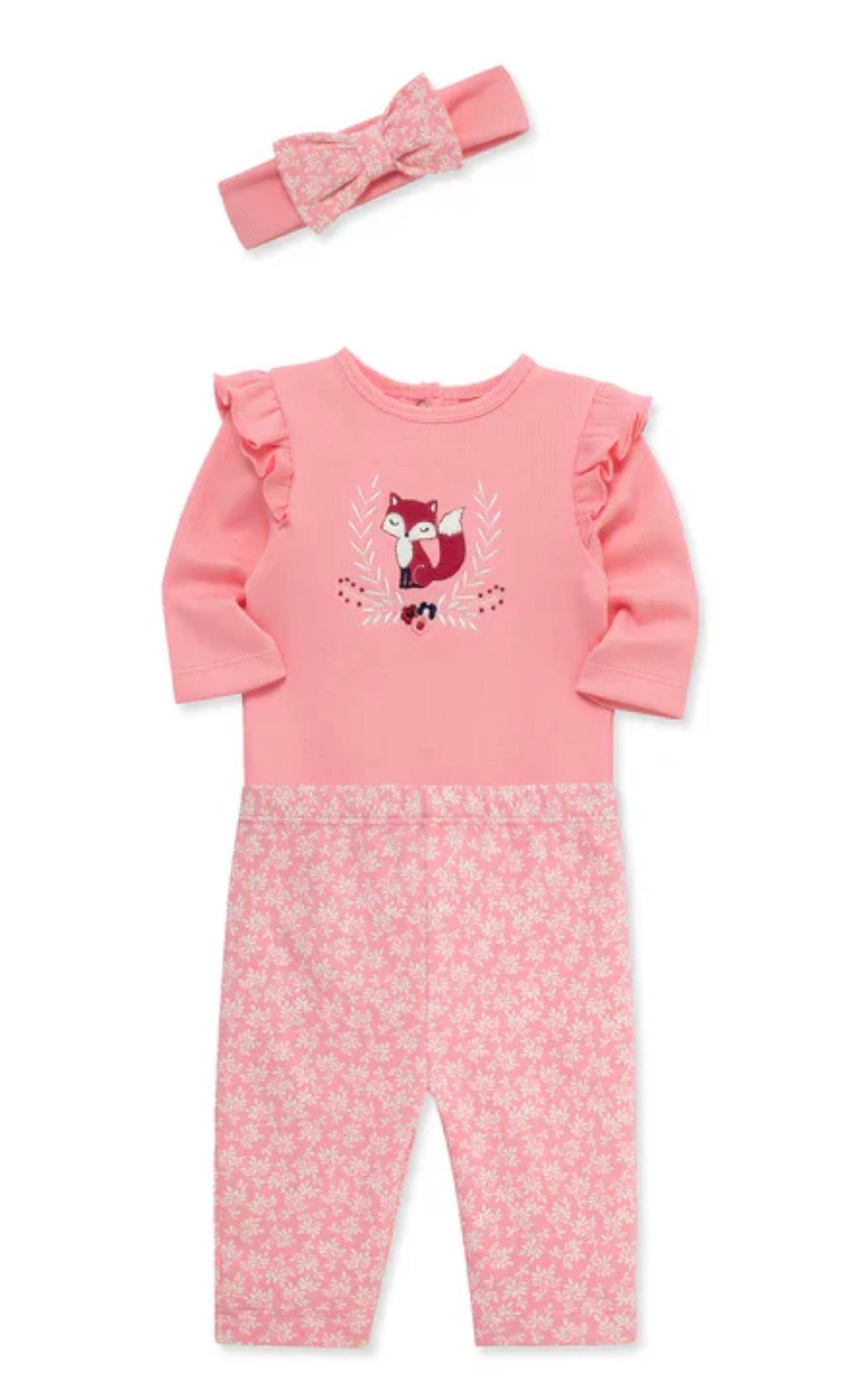 Baby Girls Sweet Fox Cotton Headband, Bodysuit & Pants Set