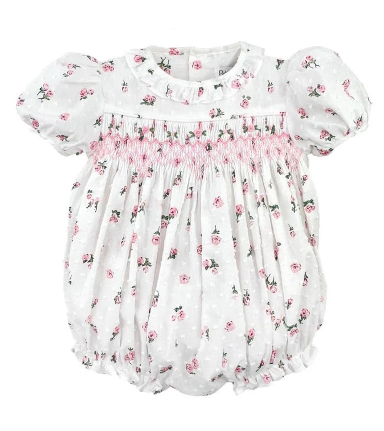 White Pink Rose Dobby Smocked Bubble
