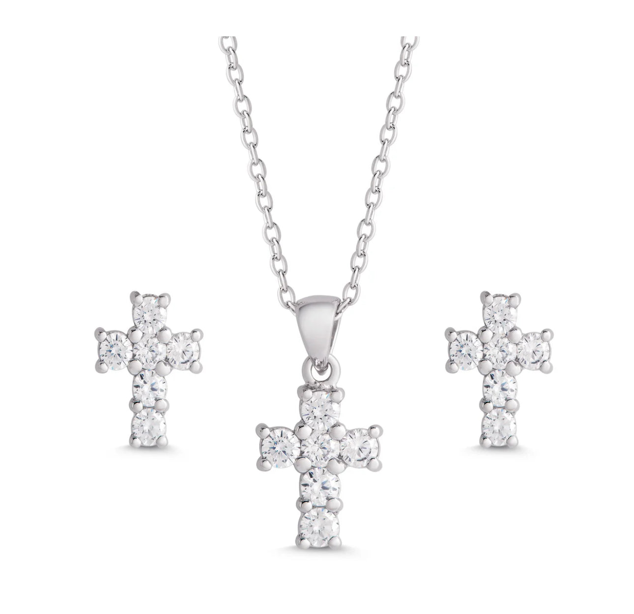 Lily Nily CZ Cross Pendant and Stud Earrings Set in Sterling
Silver