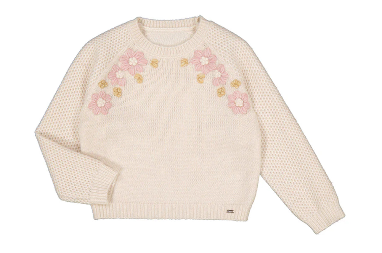 Mayoral Oatmeal Woven Sweater W/ Lavender Flowers