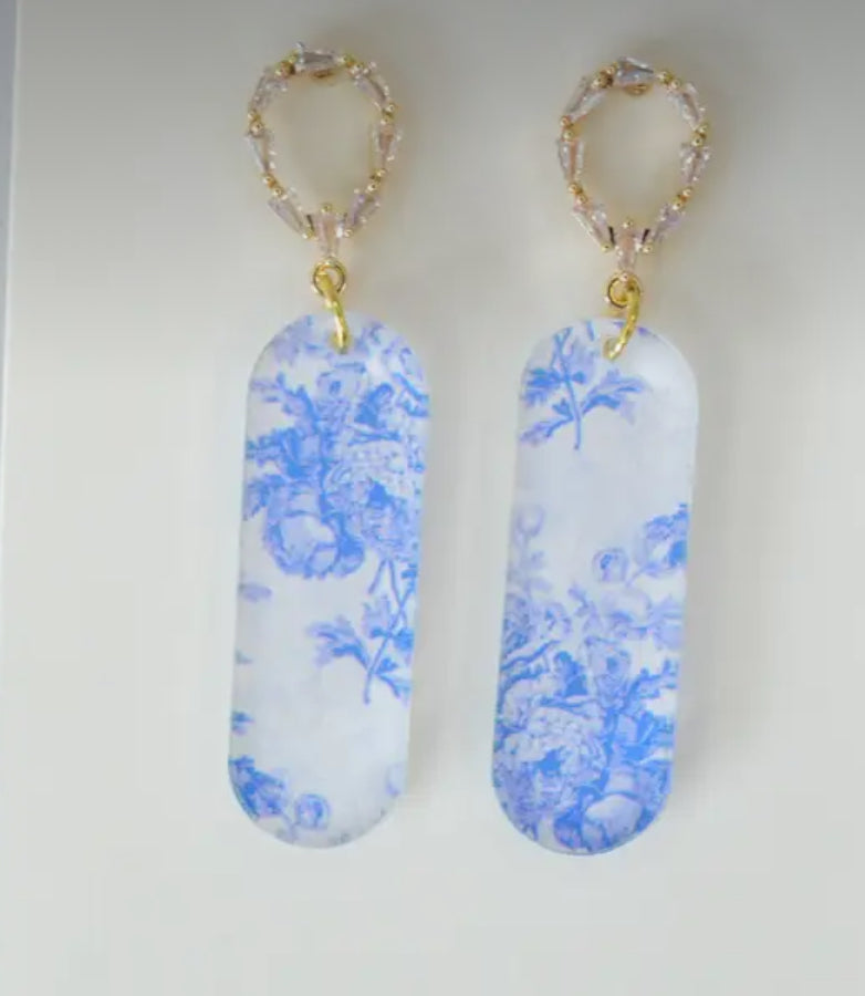 Oval Dangle Acrylic Blue Chinoiserie Earrings