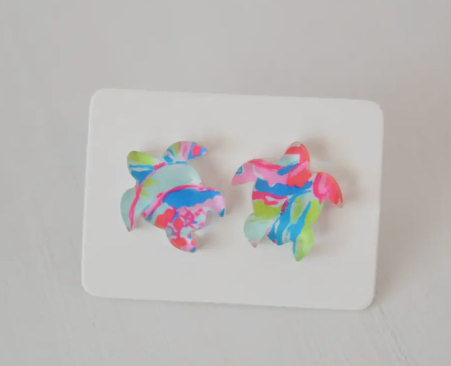 Sea Turtle Stud Floral Print Earrings
