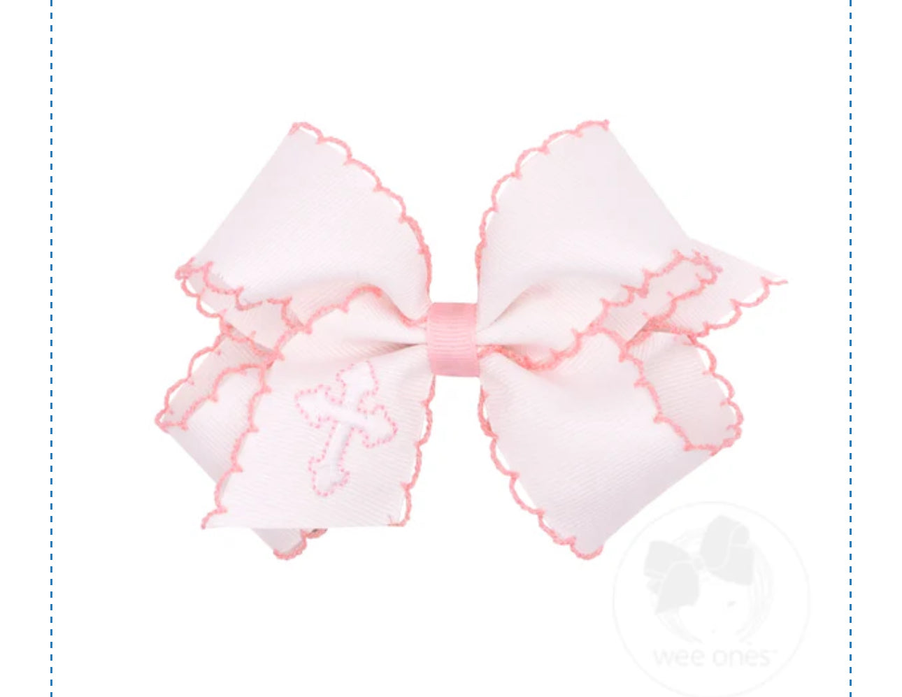 Medium White Grosgrain Hair Bow with Moonstitch Pink Edge and Cross Embroidery