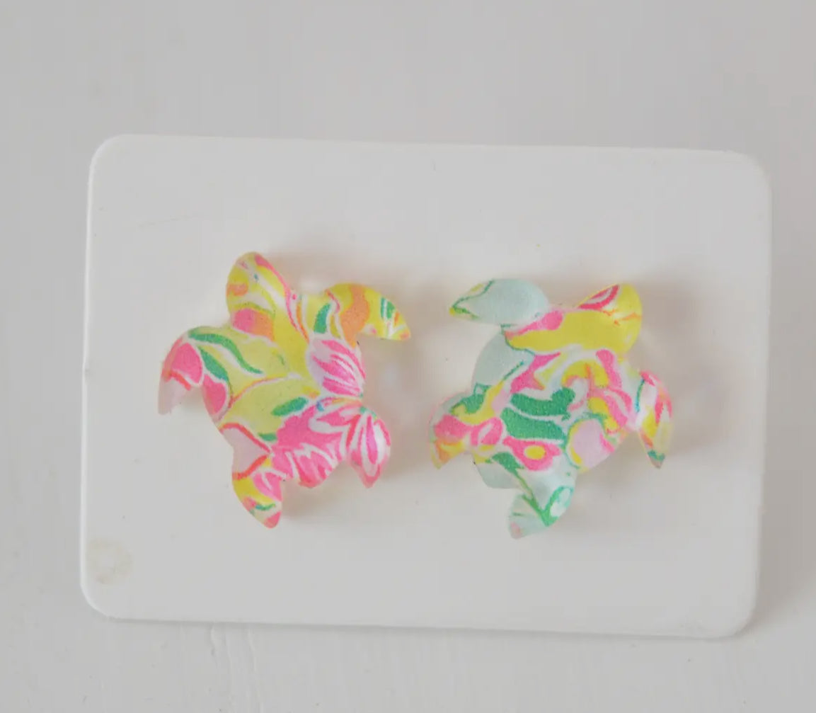 Sea Turtle Stud Floral Print Earrings