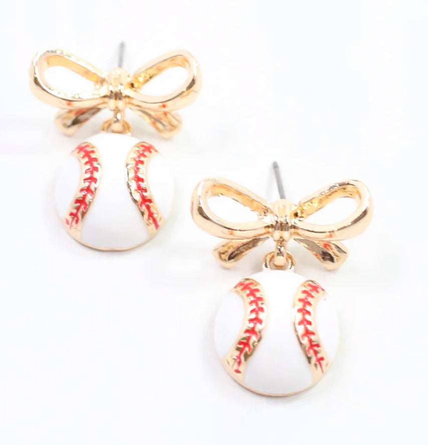 Bow Baseball Drop Earrings