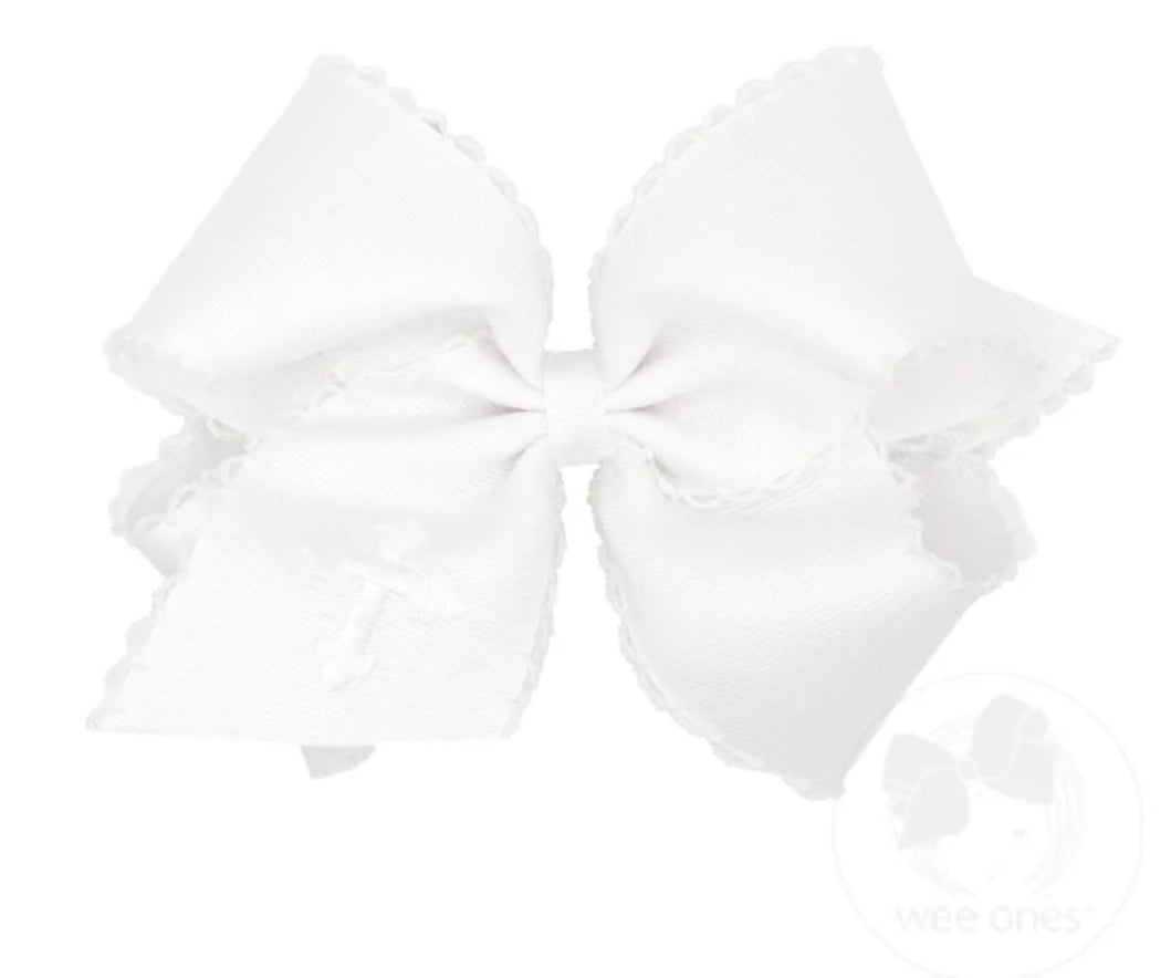 Medium White Grosgrain Hair Bow with Moonstitch Edge and Cross Embroidery