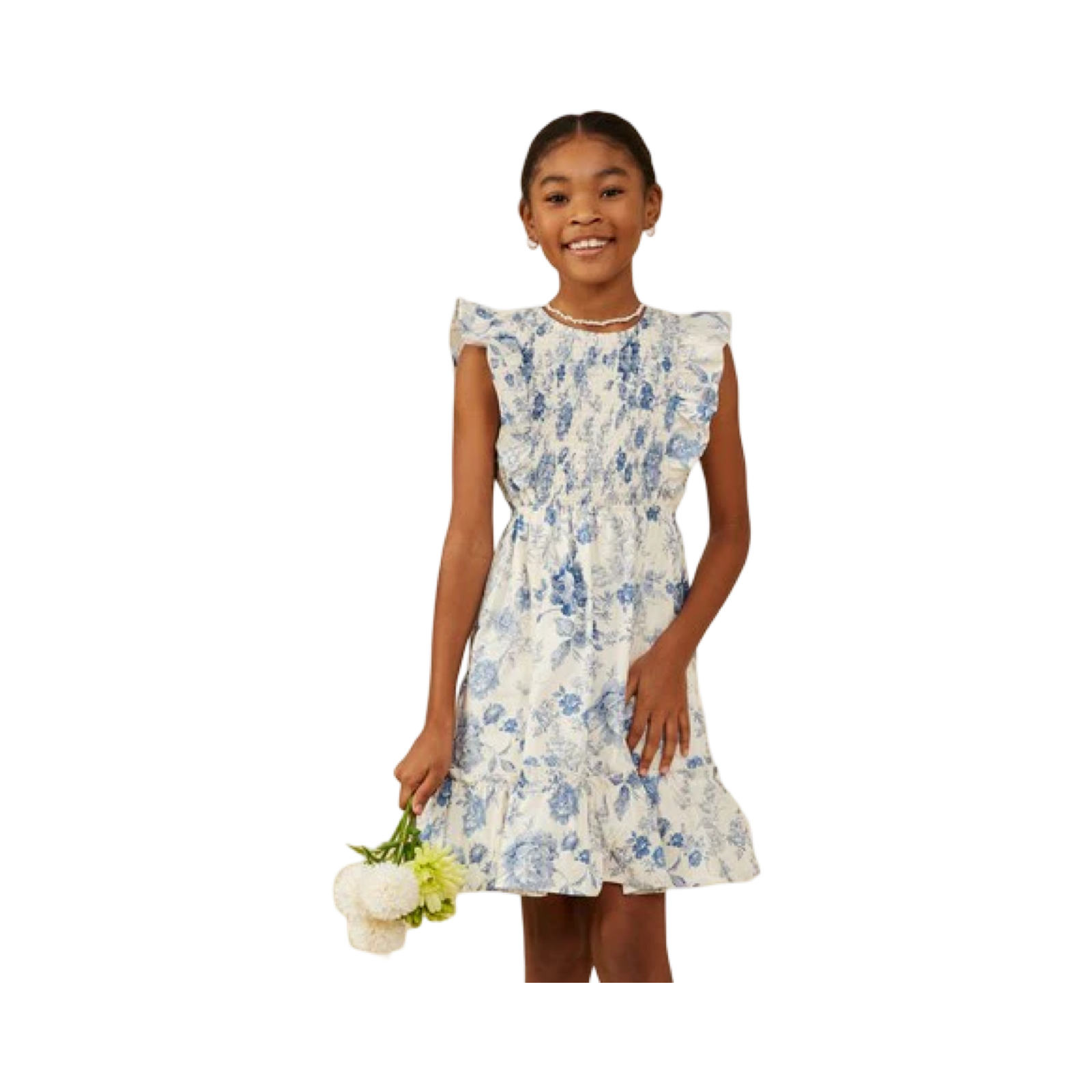 Blue & White Floral Smocked Flutter Sleeve Dress