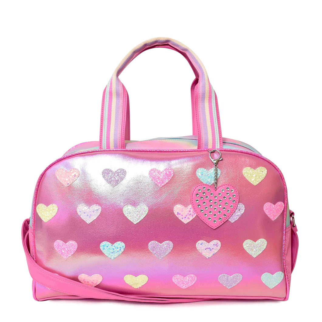 OMG ACCESSORIES Metallic Heart-Patched Pink Large Duffle Bag