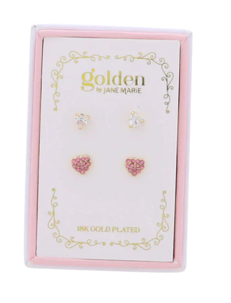 Kids 18K Gold Plated Set Of 2 Clear Heart & Pink Heart Stud Earrings