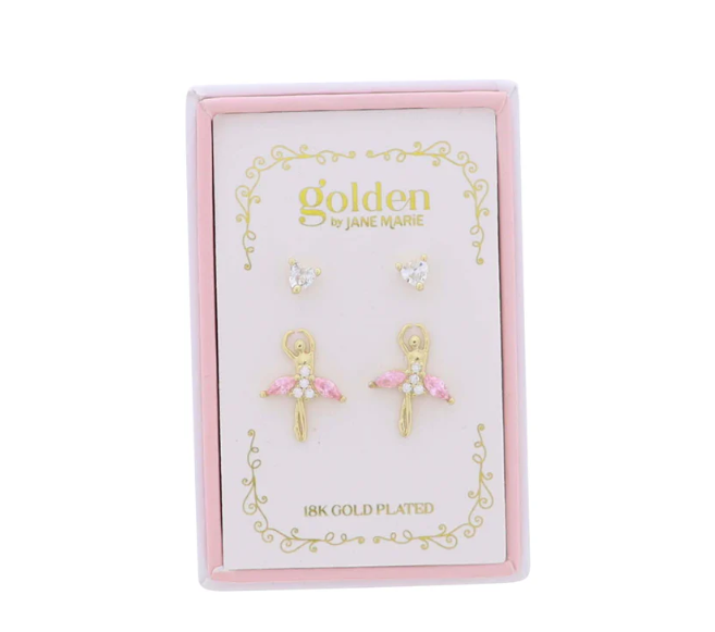 Heart & Pink Ballerina Stud Earrings Set of 2