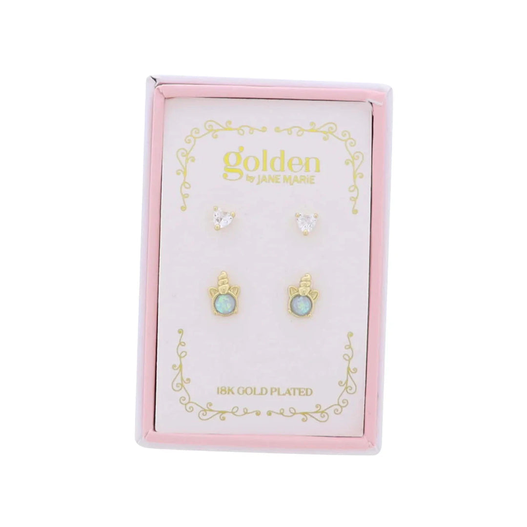 Kids 18K S/2 Gold Plated Earrings - Heart and Opal Unicorn