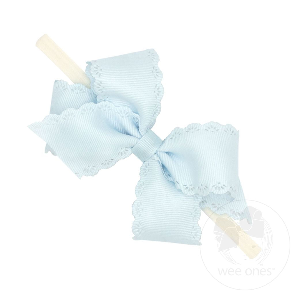 Small Grosgrain Hair Bow with Embossed Eyelet Edge on White Nylon Band