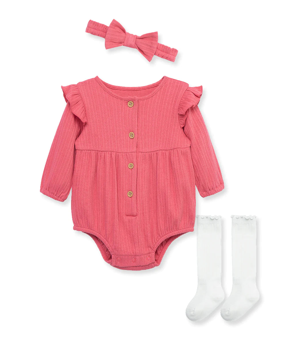 Little Me Berry Knit Headband & Sock Romper Bubble Set