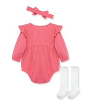 Load image into Gallery viewer, Little Me Berry Knit Headband &amp; Sock Romper Bubble Set
