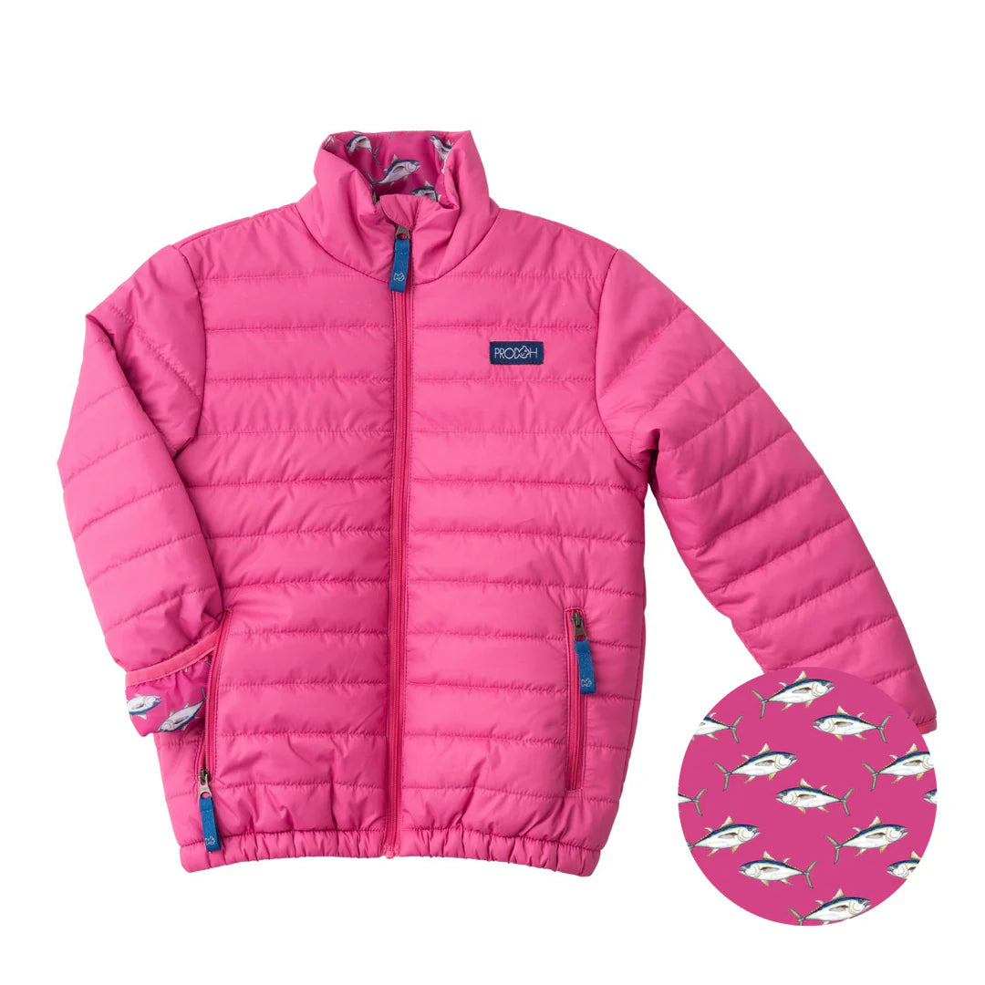 GIRL'S PUFFER JACKET IN RASPBERRY ROSE PINK WITH BIGEYE TUNA PRINT LINER