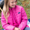 GIRL'S PUFFER JACKET IN RASPBERRY ROSE PINK WITH BIGEYE TUNA PRINT LINER