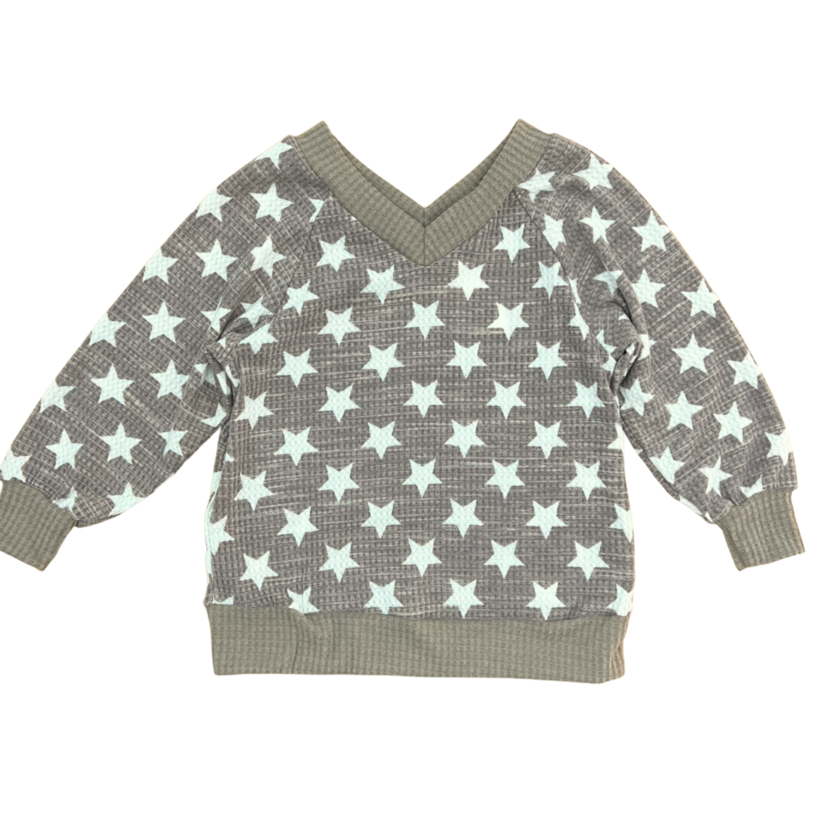 Good Girl Star Print V-Neck Waffle Knit Tunic Sweater