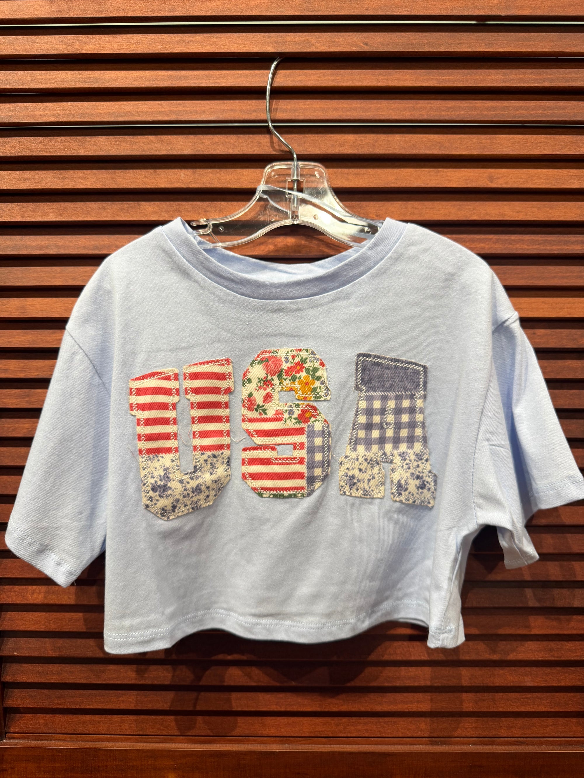 “USA” Patchwork Detail Cotton Short Sleeve Cropped Top