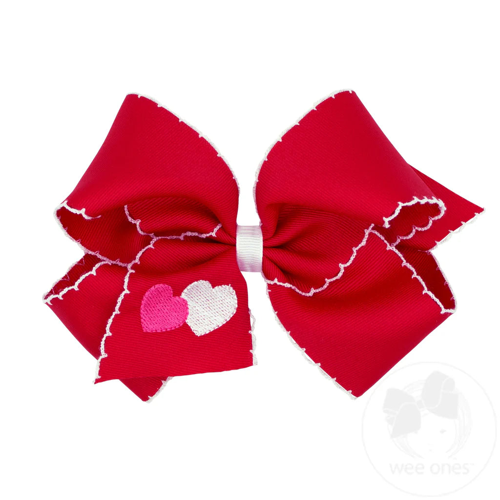 Medium Valentine Heart Embroidered Grosgrain Hair Bow with Moonstitch Edge