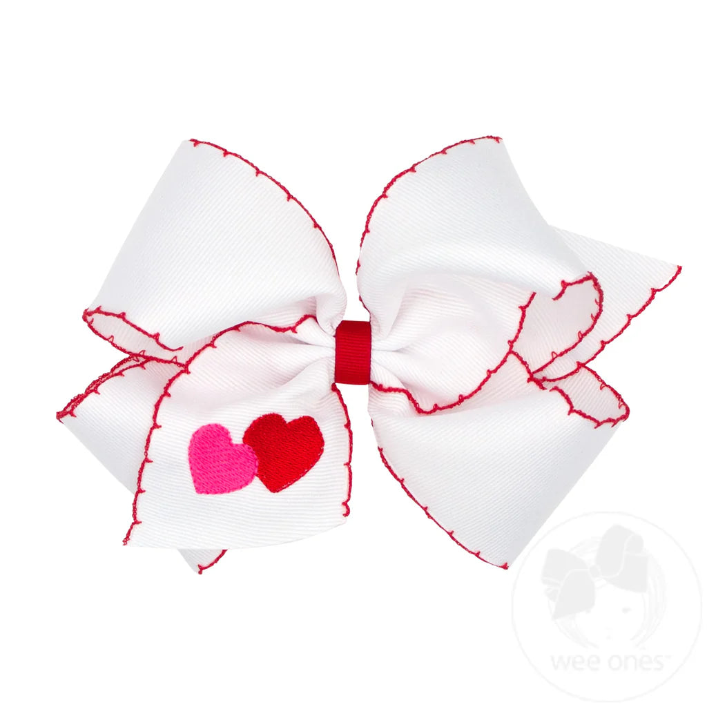 Medium Valentine Heart Embroidered Grosgrain Hair Bow with Moonstitch Edge