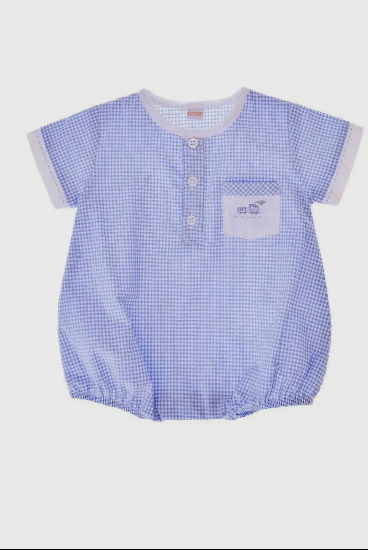 Baby Boy Hand Embroidered Creeper Romer - Blue Train