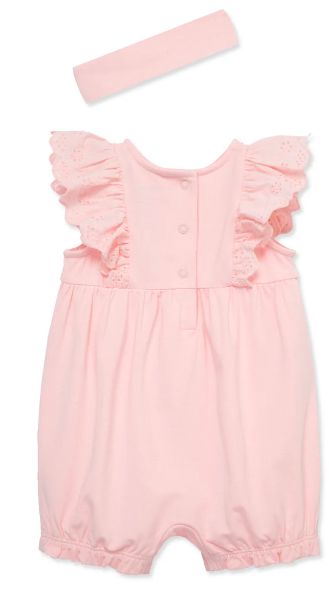 Little Me Pink Eyelet Romper Headband Set