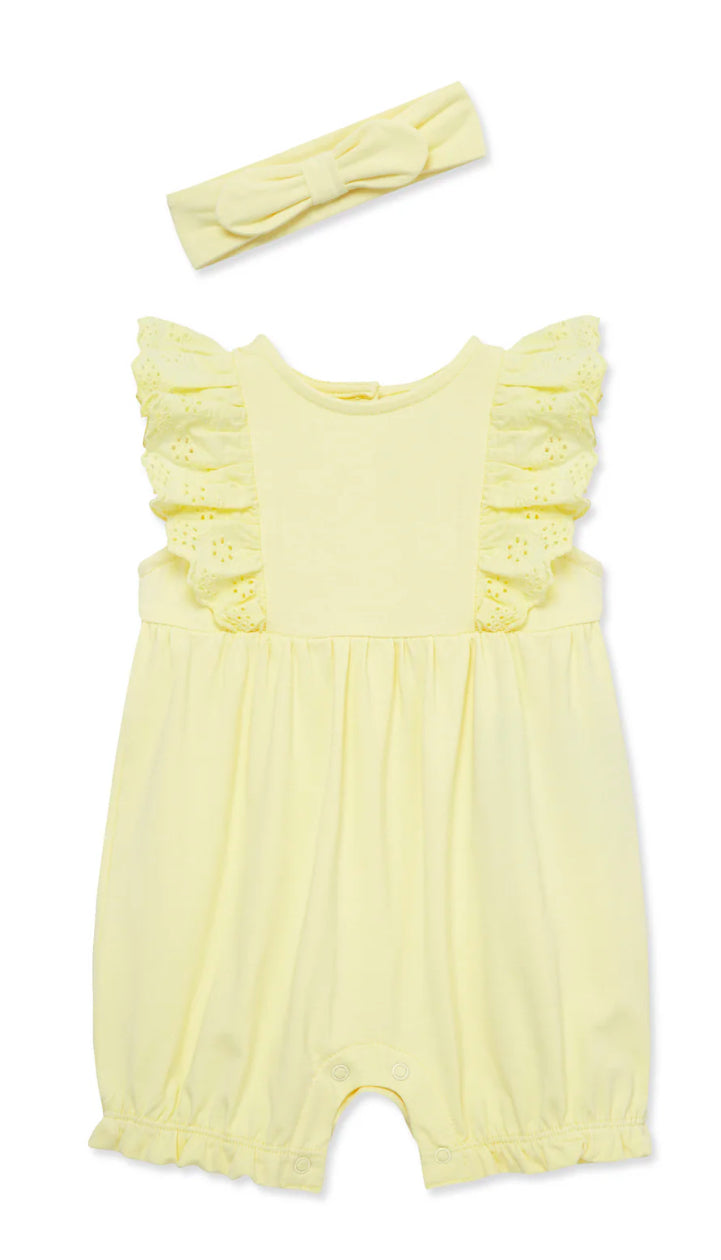 Little Me Yellow Eyelet Romper Headband Set