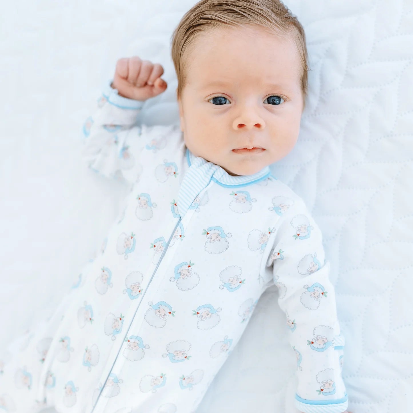 Santa Baby Print Zip Footie - Light Blue