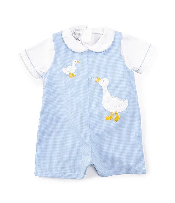 Sleeveless Goose-Appliqued Shortall & Short-Sleeve Woven Shirt Set