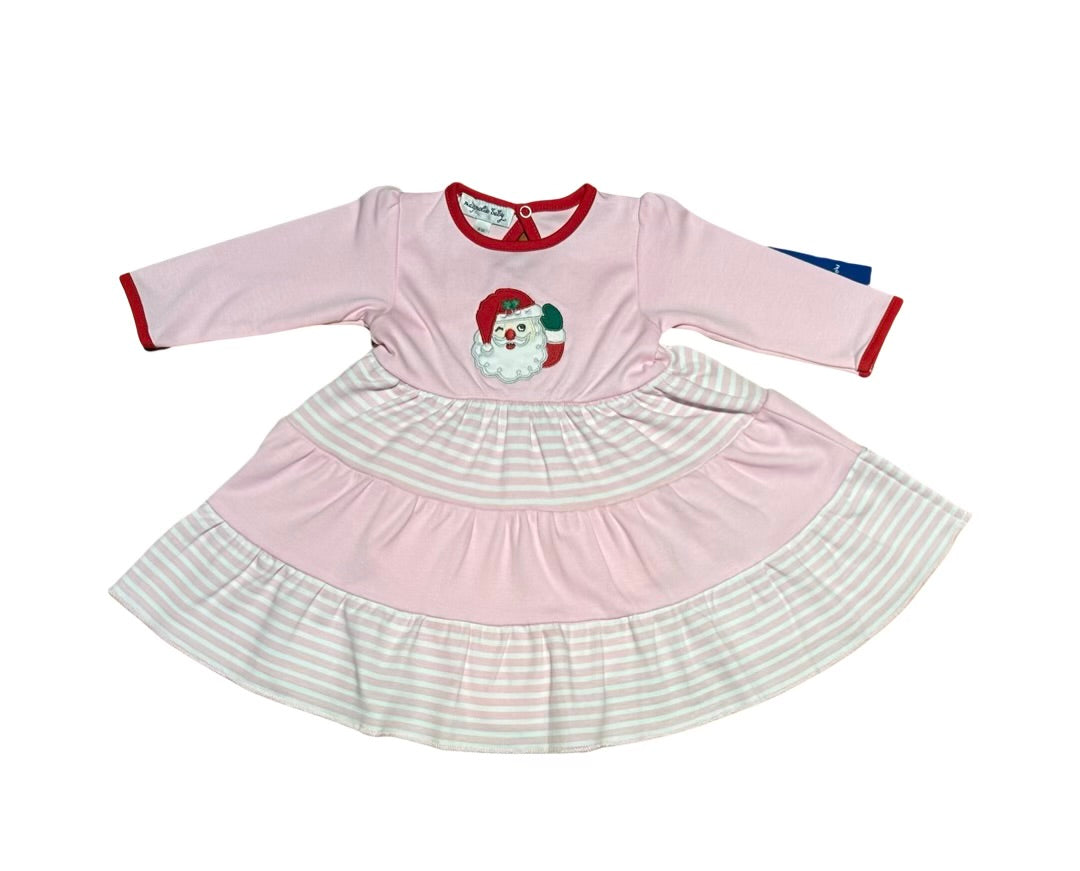 Magnolia Baby Winking Santa Appliqué Tiered Long Sleeve Dress Set Pink