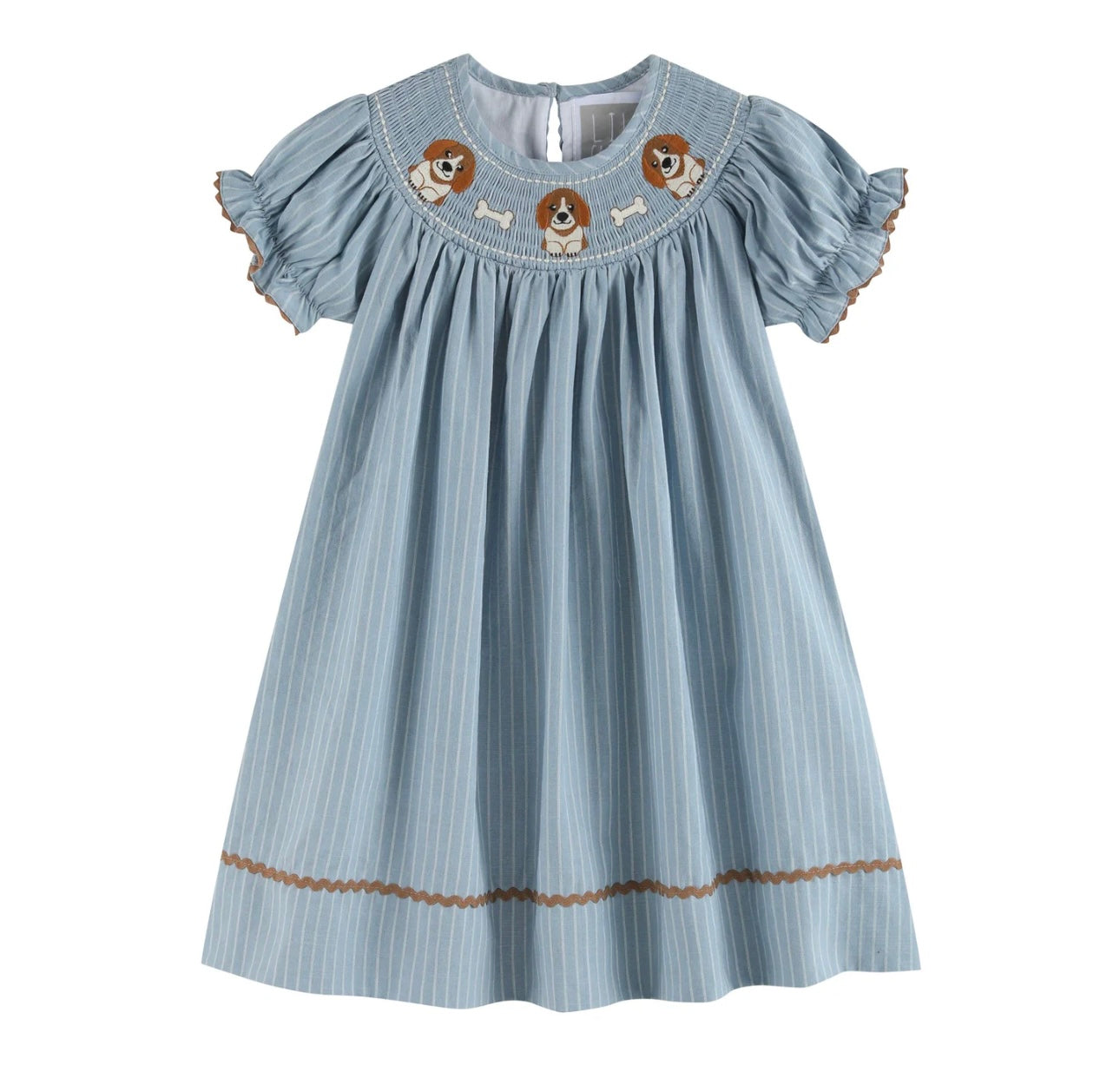 Lil Cactus Light Blue Puppy Smocked Bishop Dress