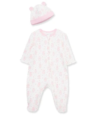 Little Me Girls Joyful Bear Zip One-Piece Footie and Hat