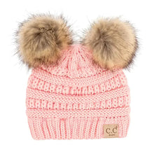 Load image into Gallery viewer, CC Solid Ribbed Infant Natural Fur Double Pom Pom Beanie
