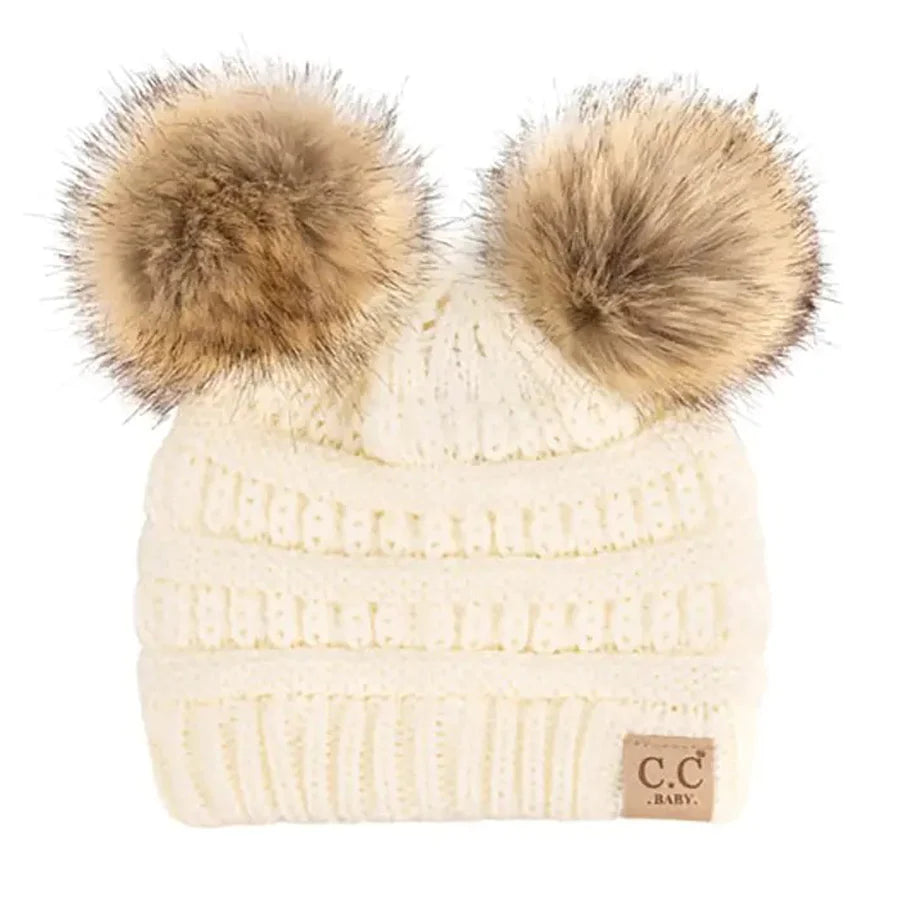 CC Solid Ribbed Infant Natural Fur Double Pom Pom Beanie