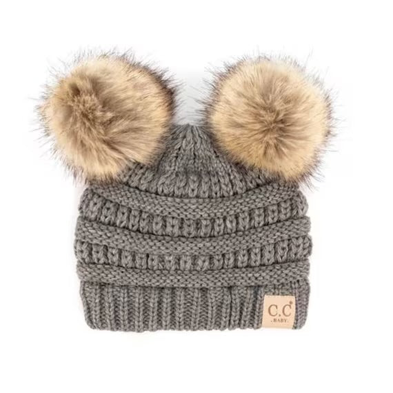 CC Solid Ribbed Infant Natural Fur Double Pom Pom Beanie