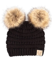 Load image into Gallery viewer, CC Solid Ribbed Infant Natural Fur Double Pom Pom Beanie
