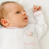 Sweet St Nick Applique Baby's First Christmas Ruffle Footie - Pink