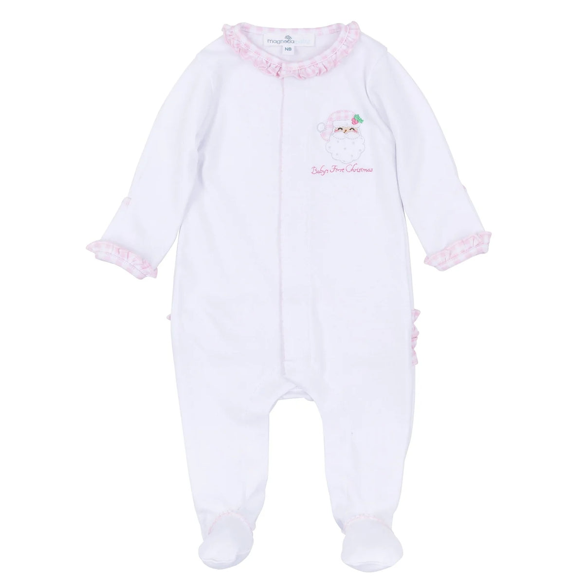 Sweet St Nick Applique Baby's First Christmas Ruffle Footie - Pink