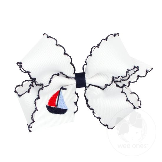 Wee Ones Medium White Embroidered Sailboat Bow