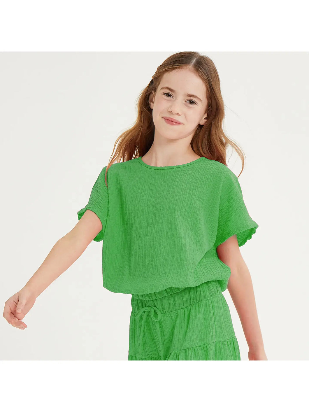 Good Girl Crinkle Texture Tiered Skirt and Elastic Waisted Top Set - Green