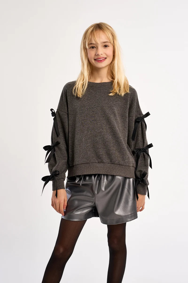 Dark Grey Girls Sweater With Bows