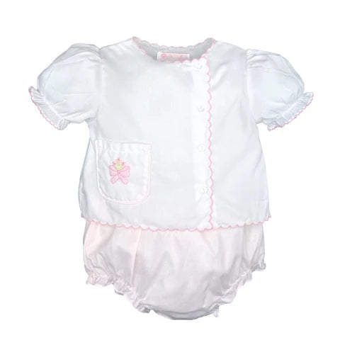 Petit Ami Shadow Stitch Pink Bow Diaper Set and Hat