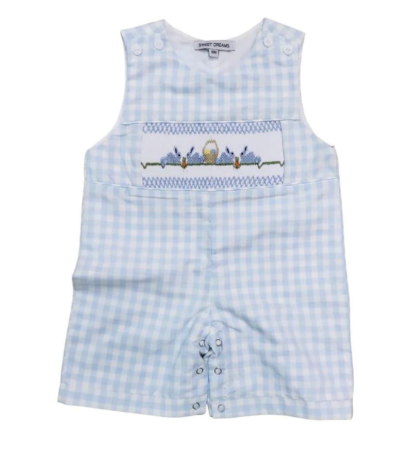 Sweet Dreams Blue Gingham Bunny & Basket Smocked Jon Jon