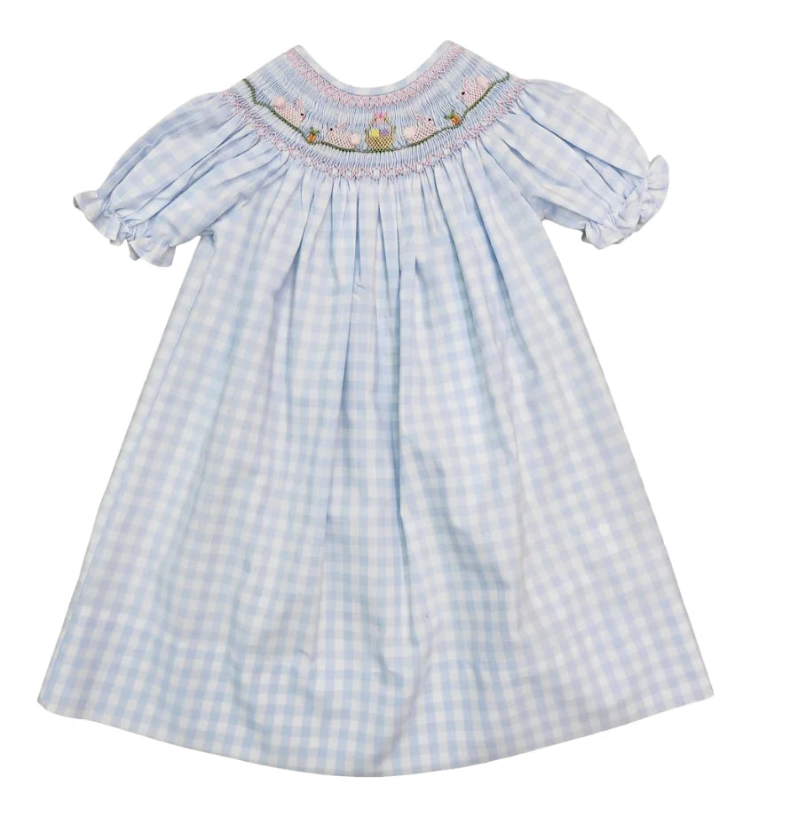 Sweet Dreams Blue Gingham Bunny & Basket Smocked Dress