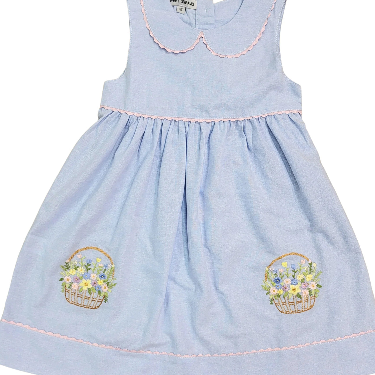 Sweet Dreams Blue Chambray Embroidered Flower Basket Dress