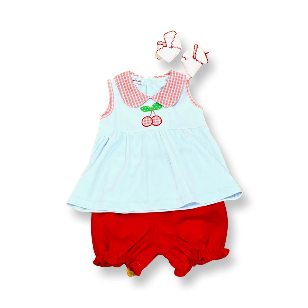 Magnolia Baby Sweet Cherry Appliqué Collared Sleeveless Toddler Short Set