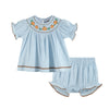 Lil Cactus Blue Pumpkin Gingham Smocked Dress and Bloomers Set