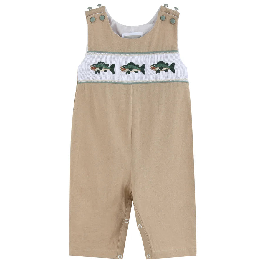 Lil Cactus Oyster Brown Big Mouth Bass Smocked Overalls