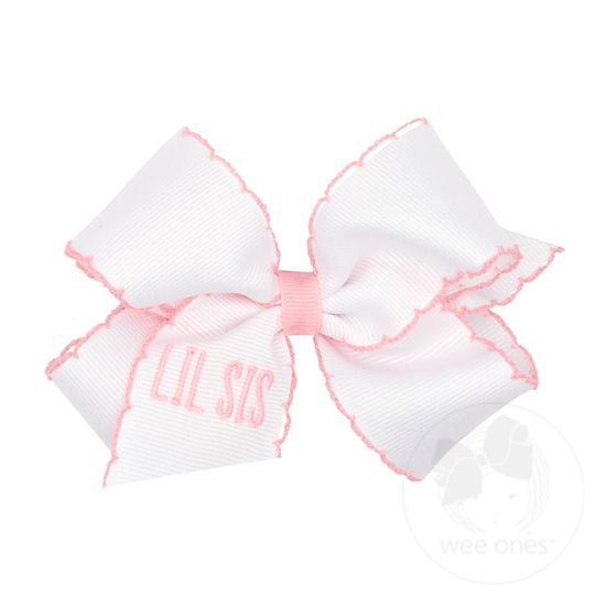 Wee Ones Medium Light Pink "Lil Sis" Embroidered Bow