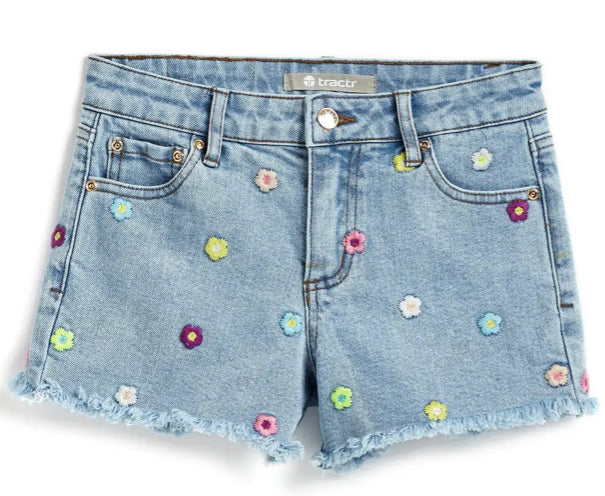 Tractr flower embroidery frayed short